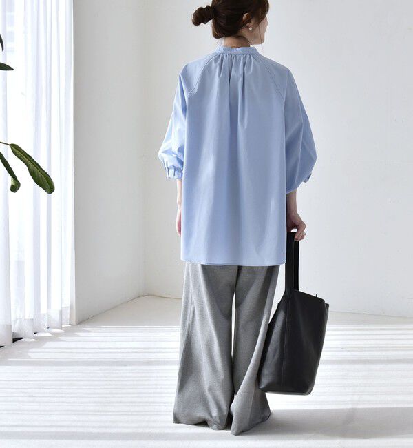 quaranciel「quaranciel:〈洗濯機可能〉REPREVE バンドカラー ギャザー パフ シャツ ブラウス」|シャツ・ブラウス|