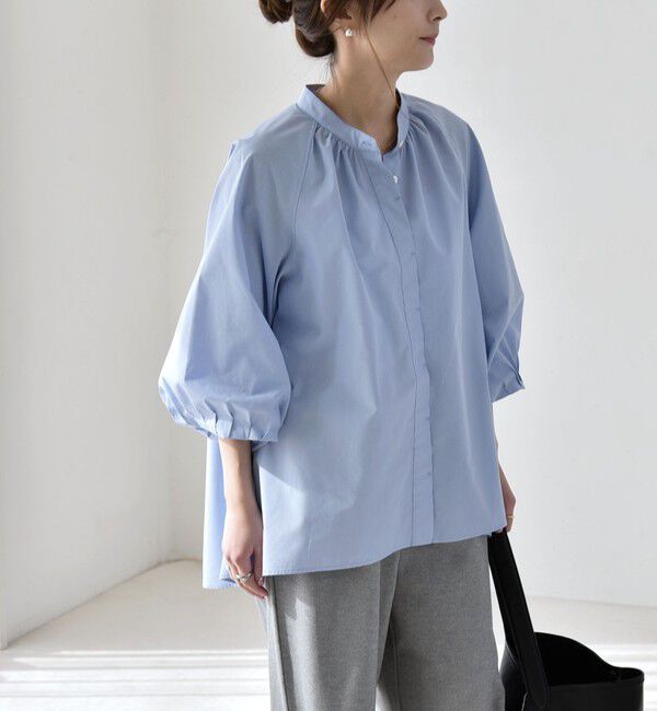 quaranciel「quaranciel:〈洗濯機可能〉REPREVE バンドカラー ギャザー パフ シャツ ブラウス」|シャツ・ブラウス|