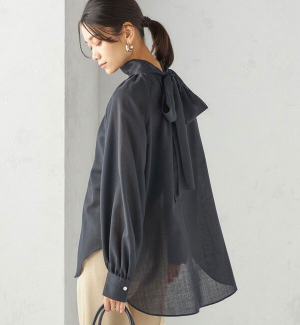 SHIPS for women「〈手洗い可能〉ウール混 シアー ボイル リボン ブラウス」|シャツ・ブラウス|ネイビー