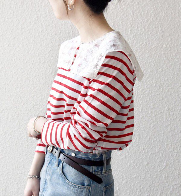 SHIPS any「SHIPS any:〈洗濯機可能〉マリンボーダー レース 襟 プルオーバー」|Tシャツ・カットソー|