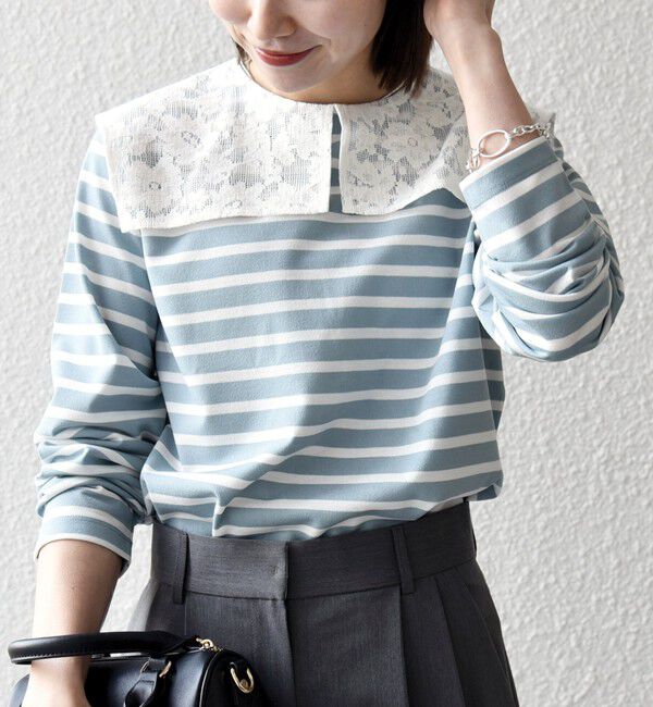 SHIPS any「SHIPS any:〈洗濯機可能〉マリンボーダー レース 襟 プルオーバー」|Tシャツ・カットソー|