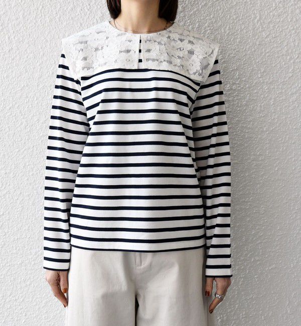 SHIPS any「SHIPS any:〈洗濯機可能〉マリンボーダー レース 襟 プルオーバー」|Tシャツ・カットソー|