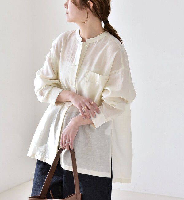 quaranciel「quaranciel:〈洗濯機可能〉リネン ミックス バンドカラー ポケット シャツ」|シャツ・ブラウス|