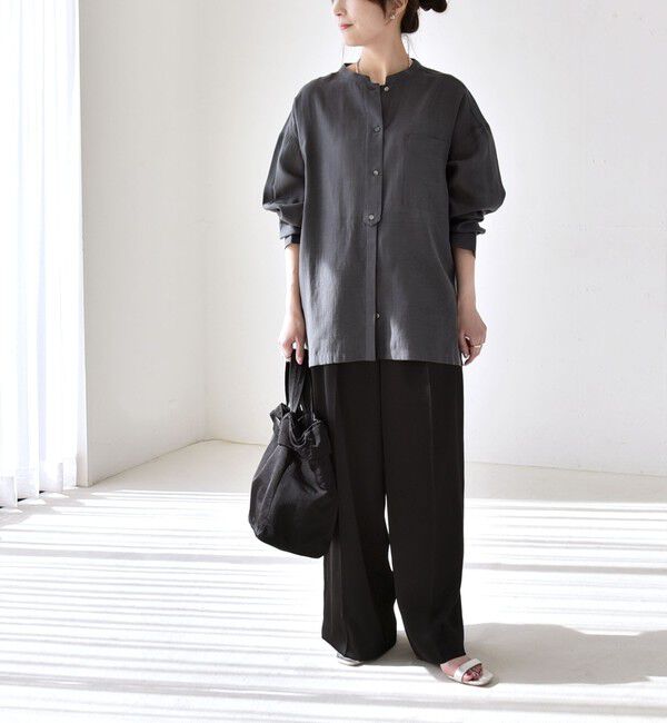 quaranciel「quaranciel:〈洗濯機可能〉リネン ミックス バンドカラー ポケット シャツ」|シャツ・ブラウス|