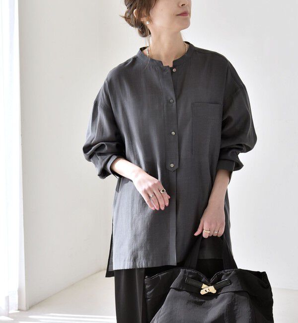 quaranciel「quaranciel:〈洗濯機可能〉リネン ミックス バンドカラー ポケット シャツ」|シャツ・ブラウス|