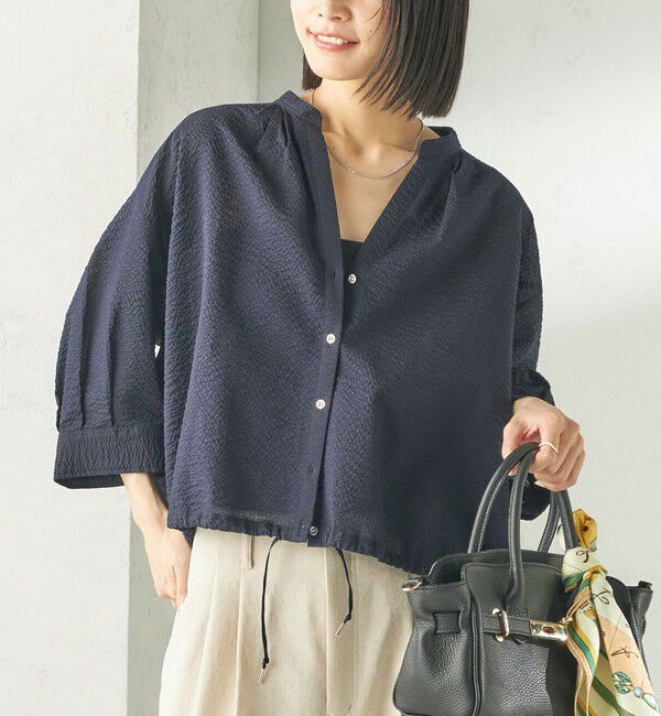 SHIPS for women「〈手洗い可能〉サッカー 裾 ドロスト メタル ボタン シャツ」|シャツ・ブラウス|ネイビー