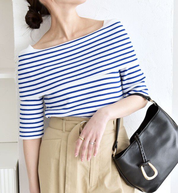 quaranciel「《予約》quaranciel:〈洗濯機可能〉オフショルダー ハーフスリーブ リブ ニット」|ニット・セーター|