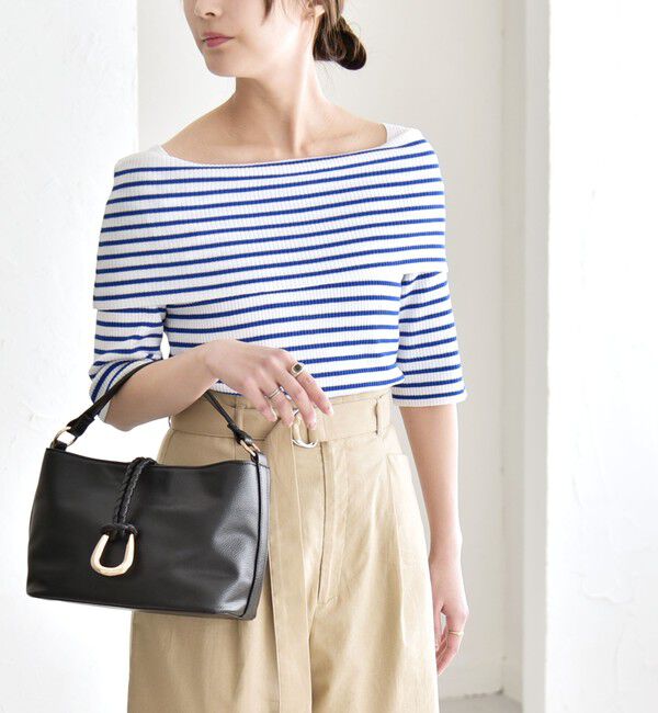 quaranciel「《予約》quaranciel:〈洗濯機可能〉オフショルダー ハーフスリーブ リブ ニット」|ニット・セーター|