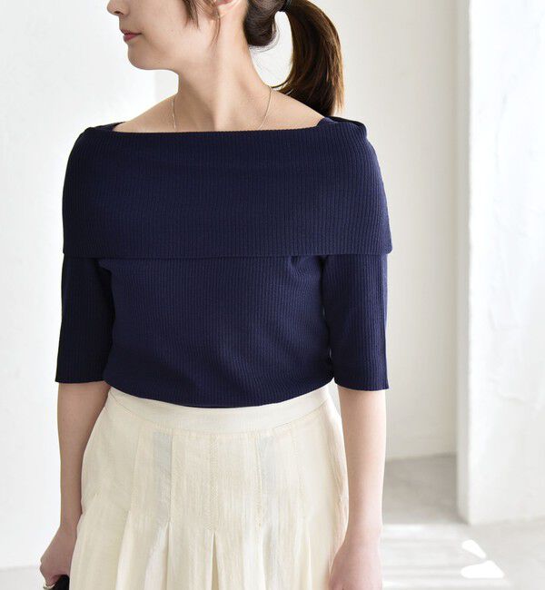 quaranciel「《予約》quaranciel:〈洗濯機可能〉オフショルダー ハーフスリーブ リブ ニット」|ニット・セーター|