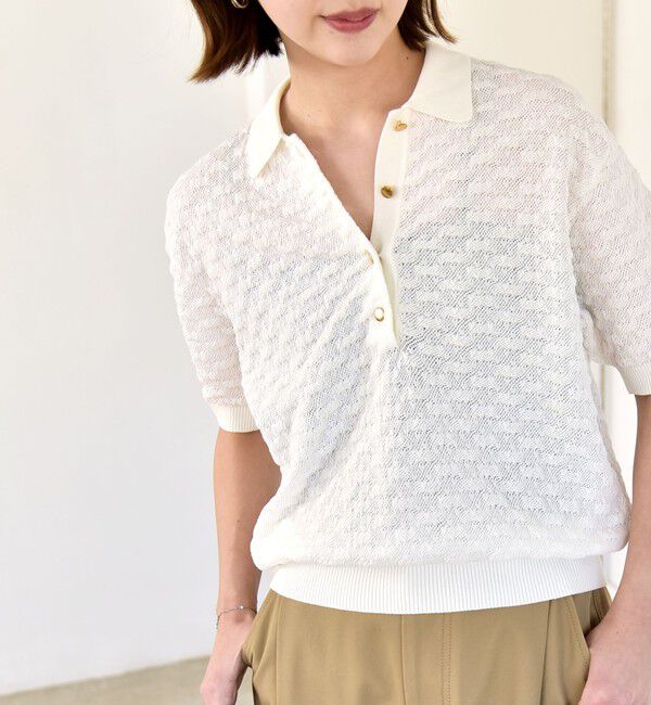 quaranciel「《予約》quaranciel:〈手洗い可能〉透かし編み ポロ ニット プルオーバー」|ニット・セーター|ホワイト