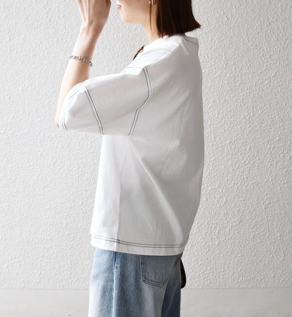 SHIPS any「《予約》SHIPS any:〈抗菌防臭/洗濯機可能〉USAコットン 配色 ステッチ ワイド TEE」|Tシャツ・カットソー|