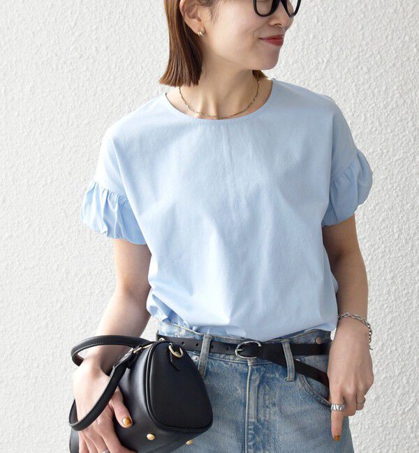SHIPS any「《予約》SHIPS any:〈多機能/洗濯機可能〉マルチファンクション ギャザー スリーブ TEE」|Tシャツ・カットソー|ライトブルー