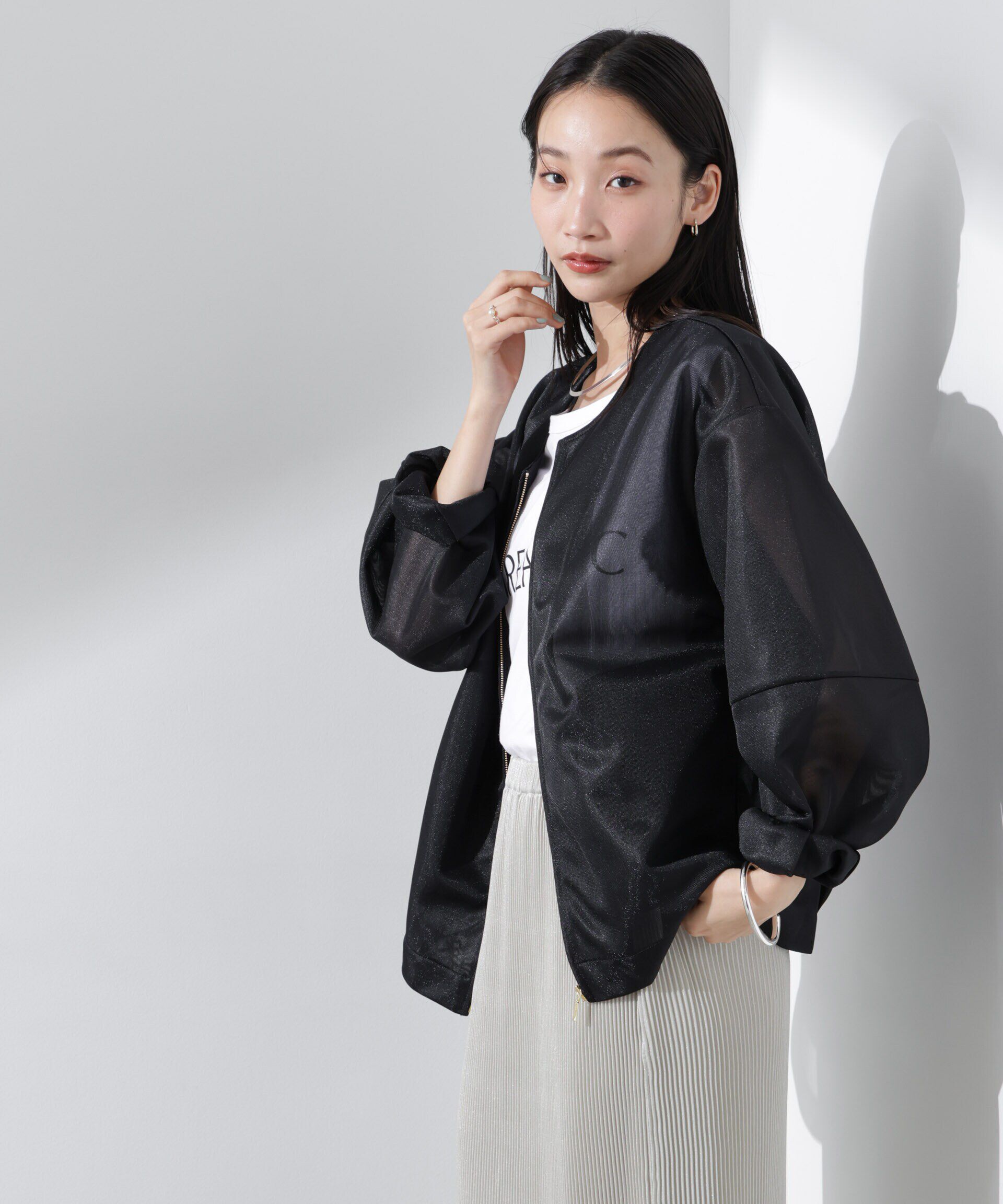 nano･universe「シアーダンボールカットノーカラーZIPupジャケット」|テーラードジャケット|ブラック