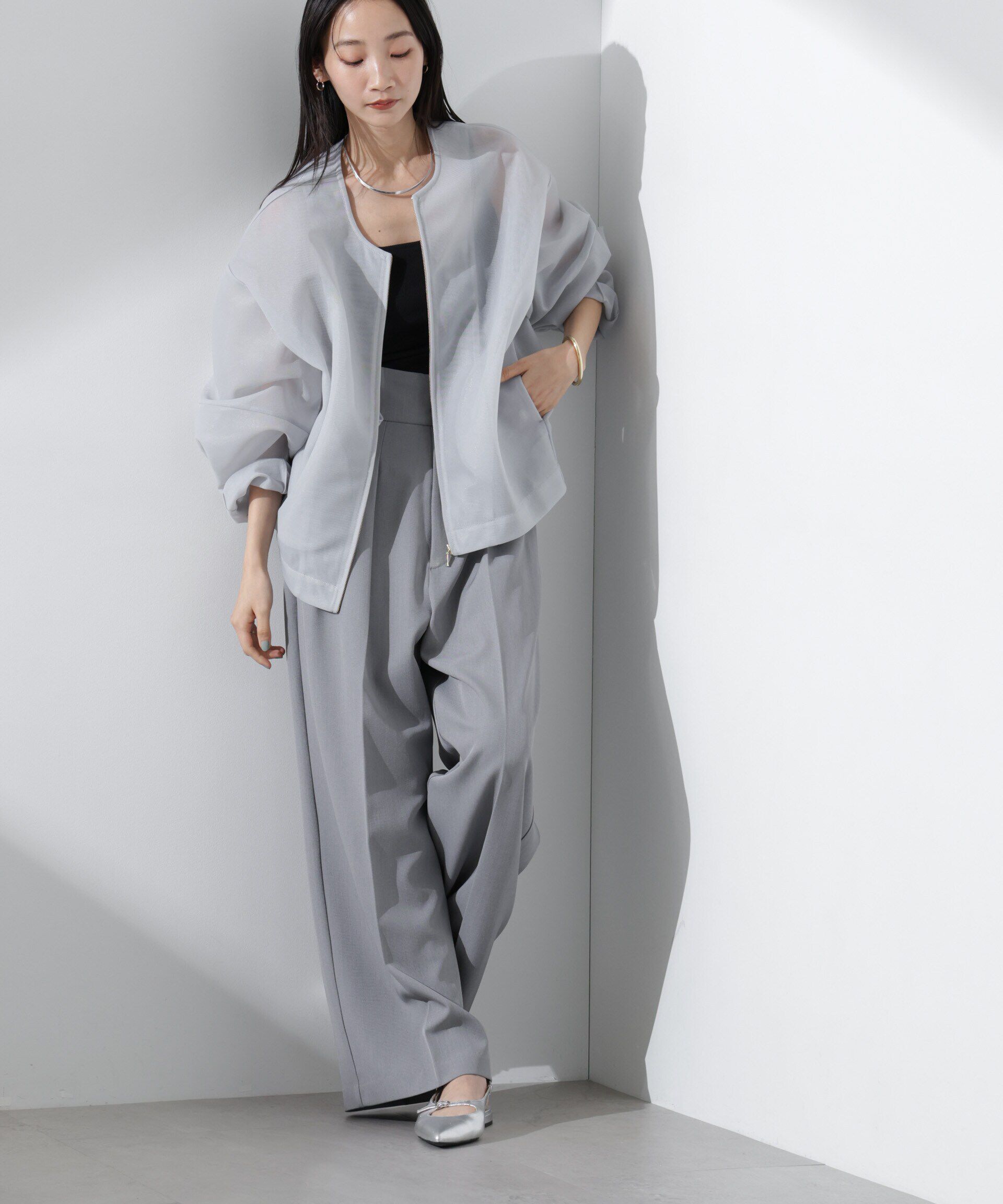 nano･universe「シアーダンボールカットノーカラーZIPupジャケット」|テーラードジャケット|