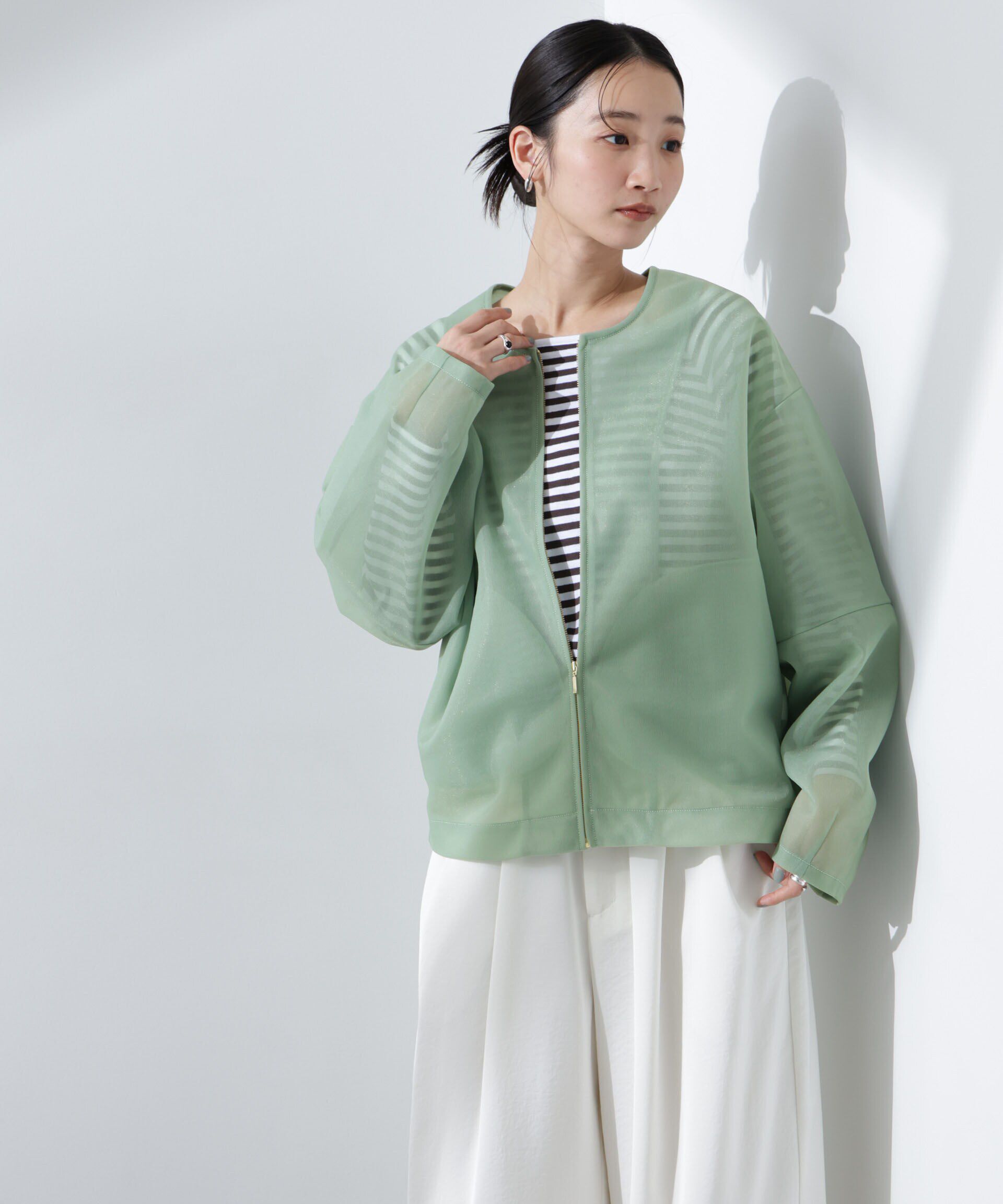 nano･universe「シアーダンボールカットノーカラーZIPupジャケット」|テーラードジャケット|