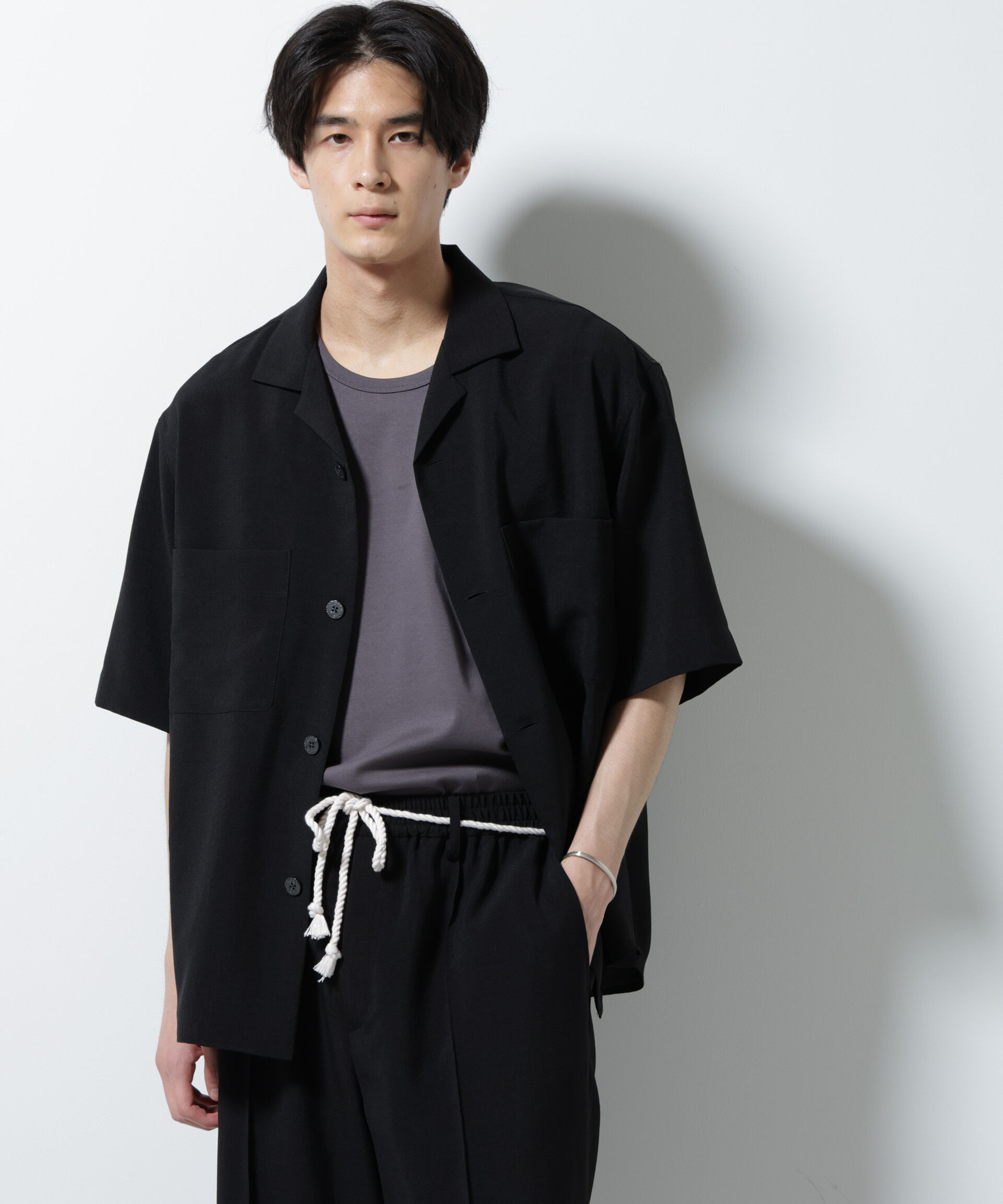 nano･universe「メランジドライオープンカラーシャツ（セットアップ可）」|シャツ・ブラウス|ブラック