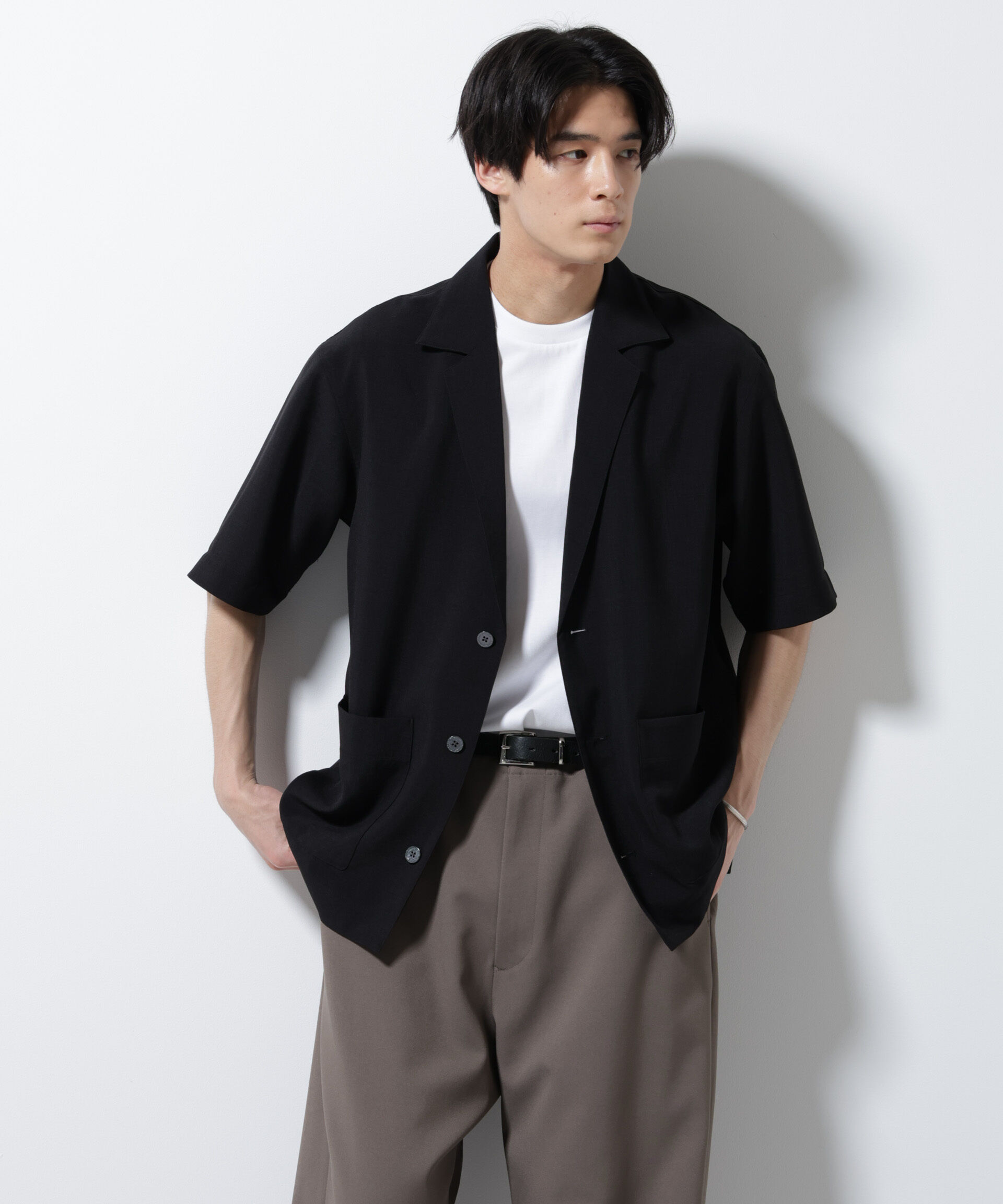 nano･universe「メランジドライシャツジャケット 半袖（セットアップ可）」|シャツ・ブラウス|ブラック