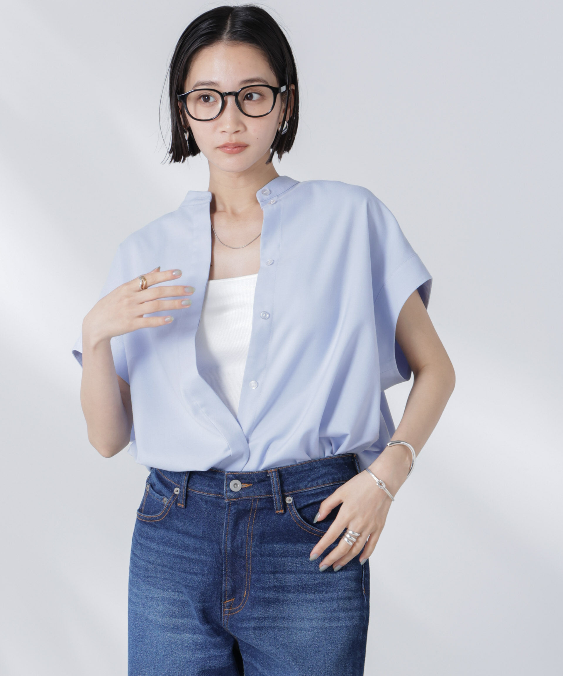 nano･universe「バンドカラーノースリーブシャツ(セットアップ可)」|シャツ・ブラウス|ブルー