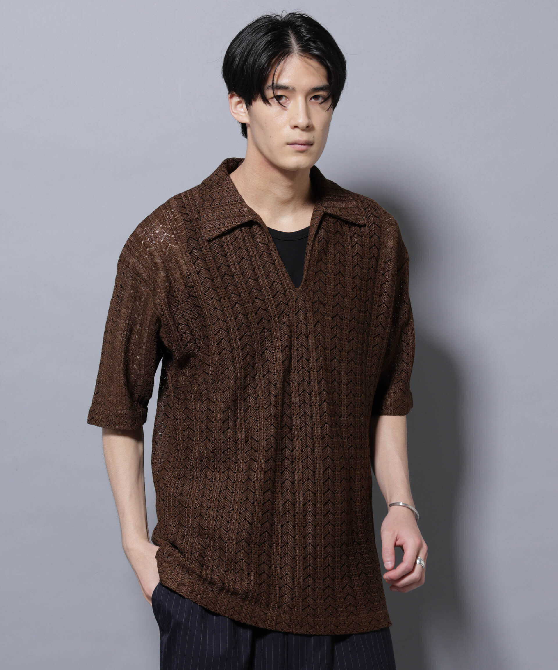 nano･universe「メッシュラッセル スキッパーポロ」|ニット・セーター|ブラウン