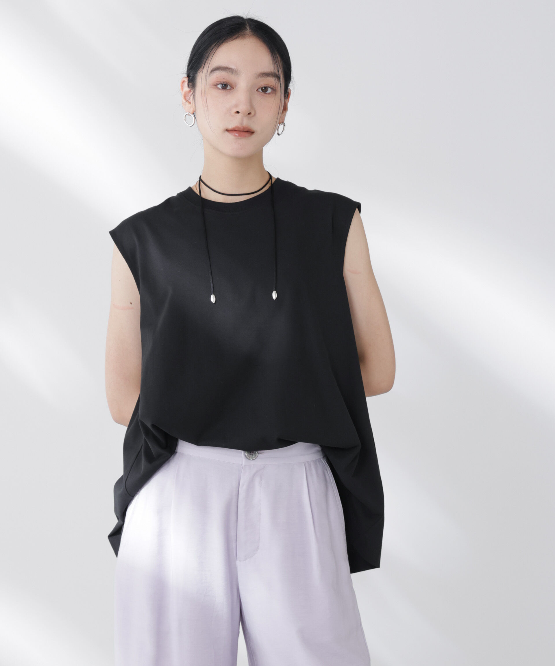 nano･universe「NANOFINE強撚コットンノースリーブトップス」|Tシャツ・カットソー|ブラック