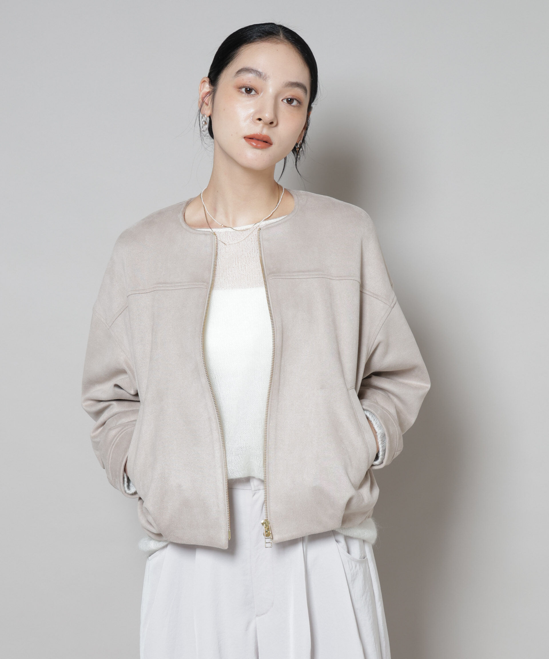 nano･universe「フェイクスエードボンディングノーカラーブルゾン」|ブルゾン・スタジャン|