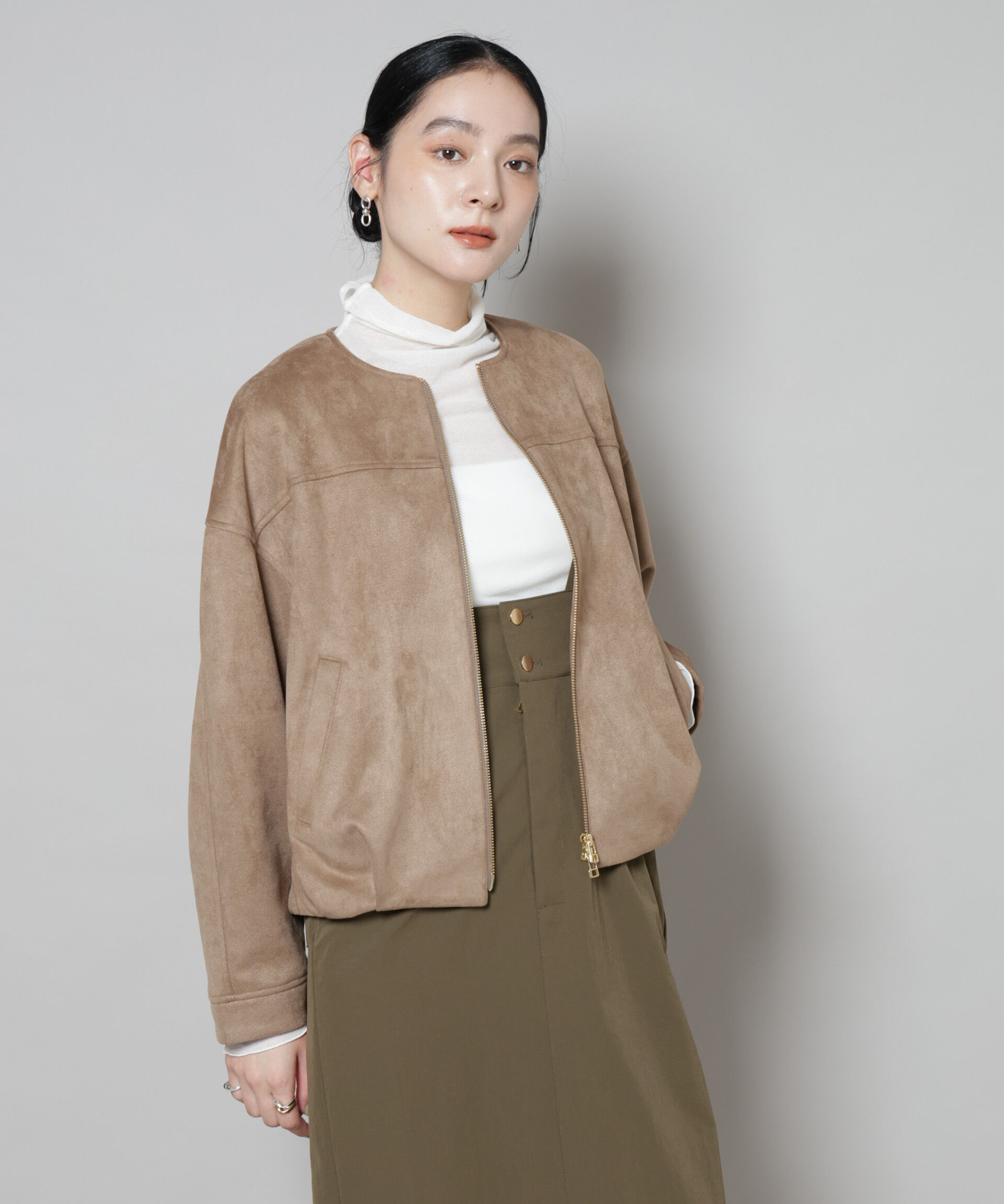 nano･universe「フェイクスエードボンディングノーカラーブルゾン」|ブルゾン・スタジャン|モカ3