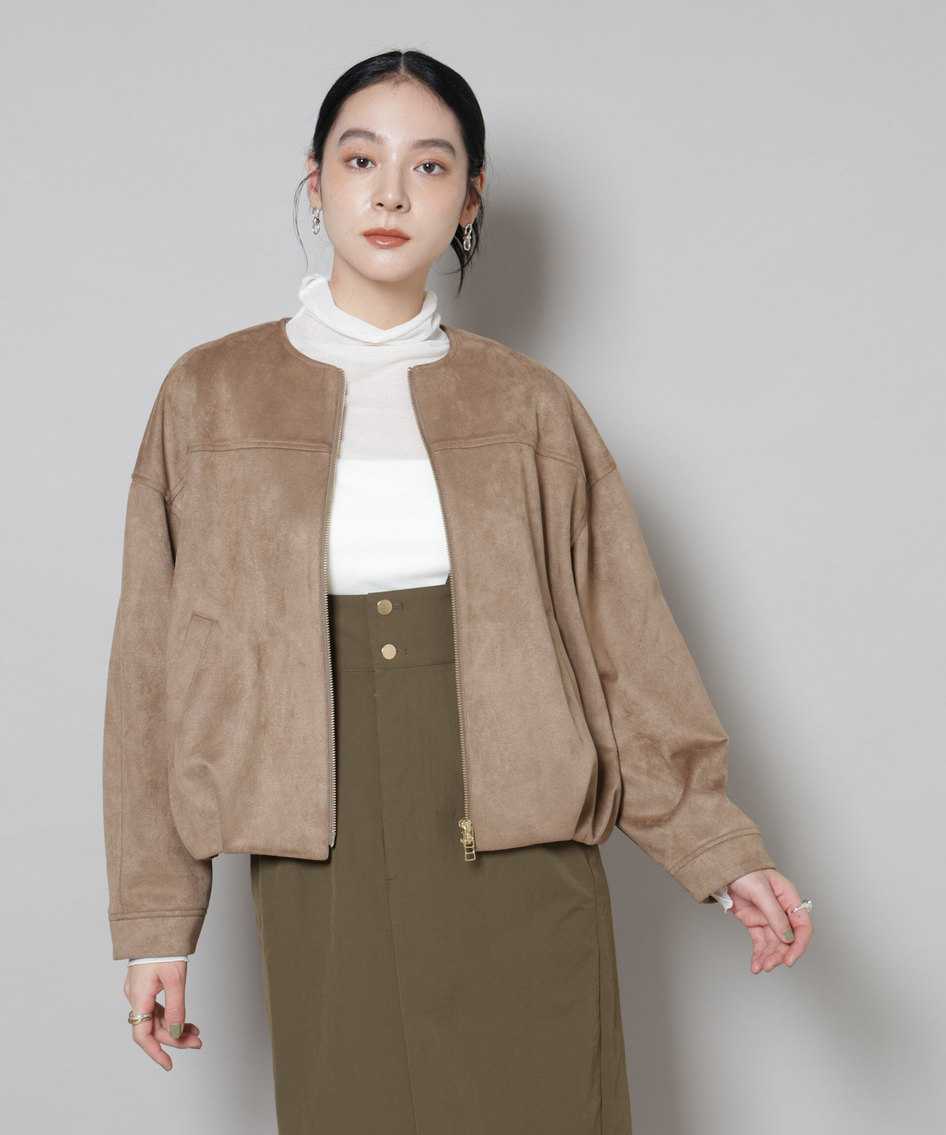 nano･universe「フェイクスエードボンディングノーカラーブルゾン」|ブルゾン・スタジャン|