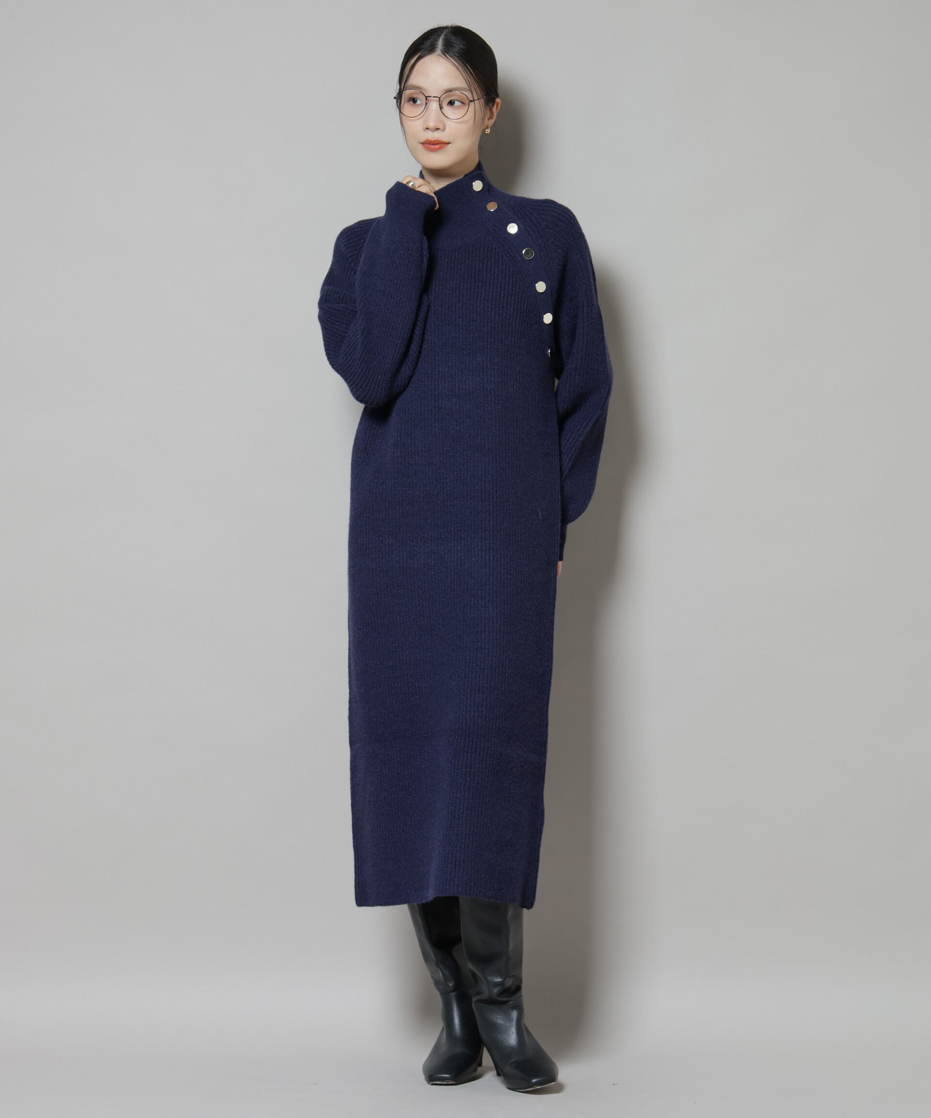 nano･universe「釦ディティールニットワンピース」|ワンピース|ネイビー