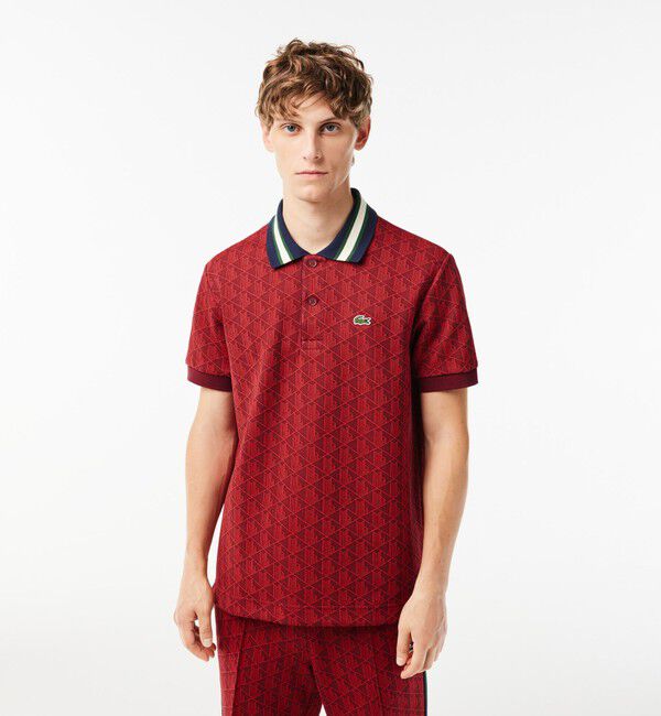 LACOSTE「モノグラムジャカード半袖ポロシャツ」|ポロシャツ|レッド