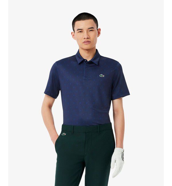 LACOSTE「UVカット ミニマム総柄プリント 比翼仕立て ウルトラドライ ゴルフポロシャツ」|ポロシャツ|ブルー系その他