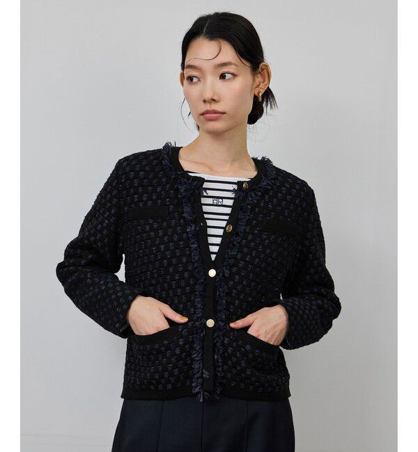 ROPE「ニットフリンジジャケット」|ノーカラージャケット|