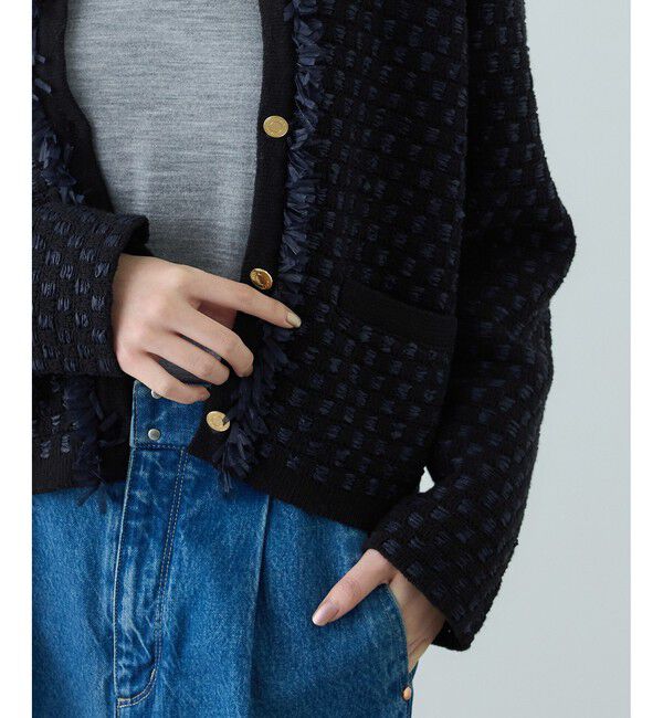 ROPE「ニットフリンジジャケット」|ノーカラージャケット|