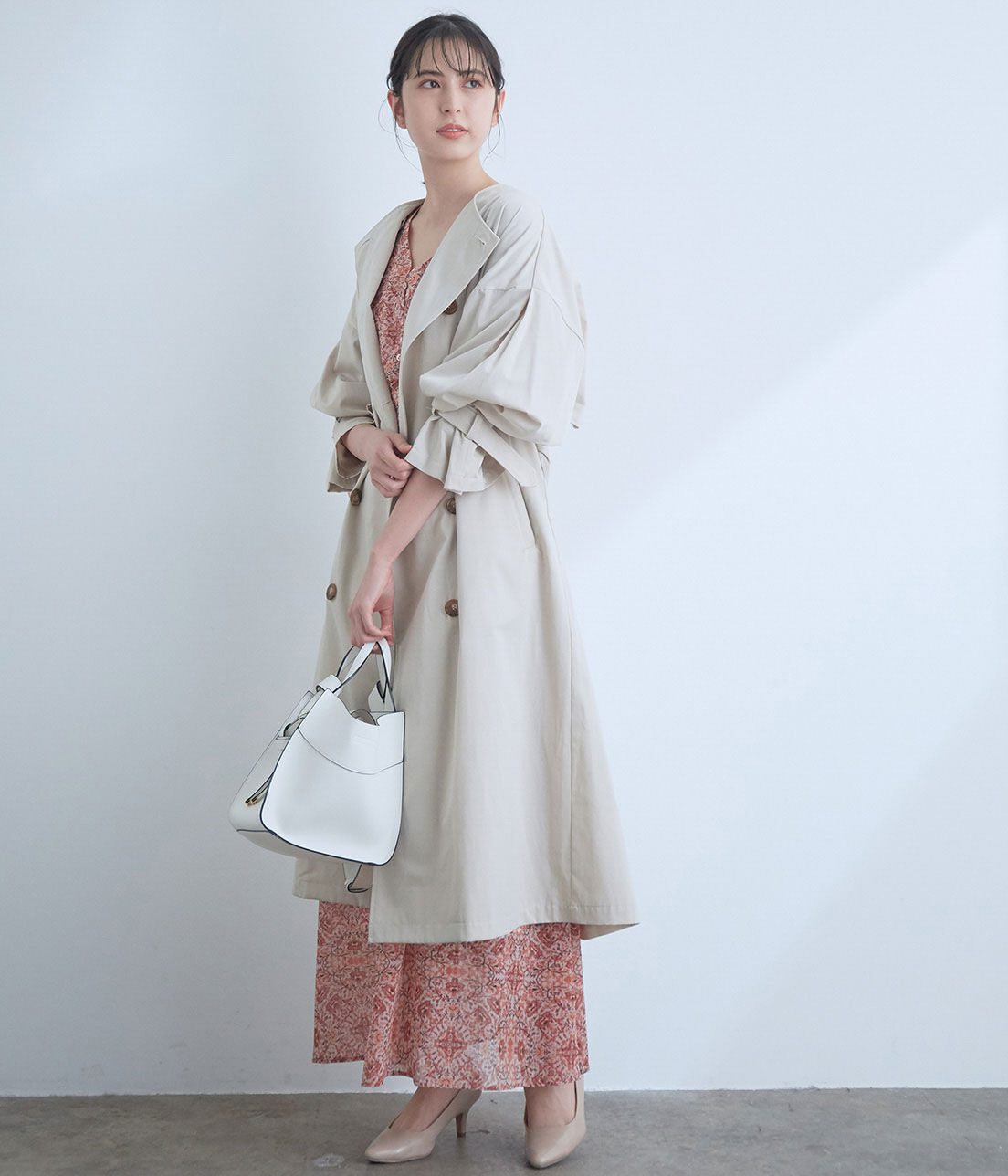 VIS「【撥水】【花粉ガード】ノーカラー袖ボリュームコート」|トレンチコート|