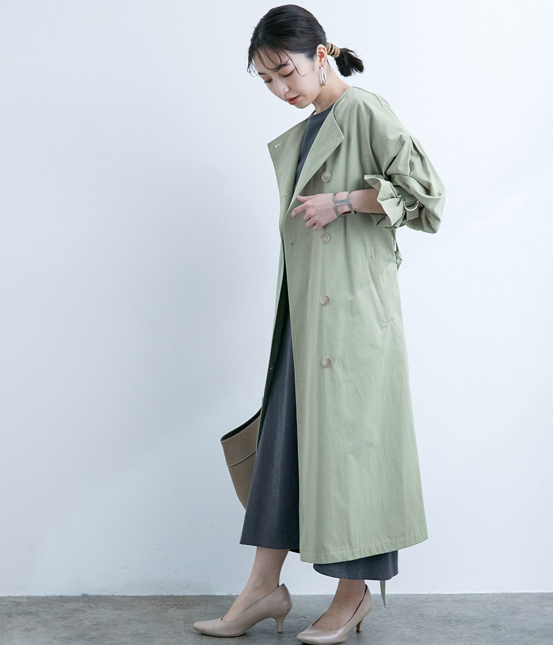VIS「【撥水】【花粉ガード】ノーカラー袖ボリュームコート」|トレンチコート|