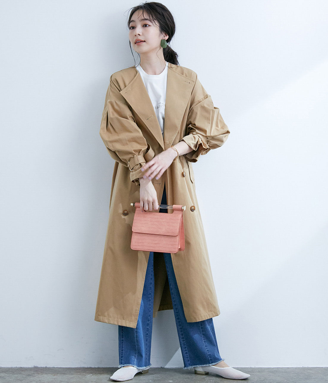 VIS「【撥水】【花粉ガード】ノーカラー袖ボリュームコート」|トレンチコート|