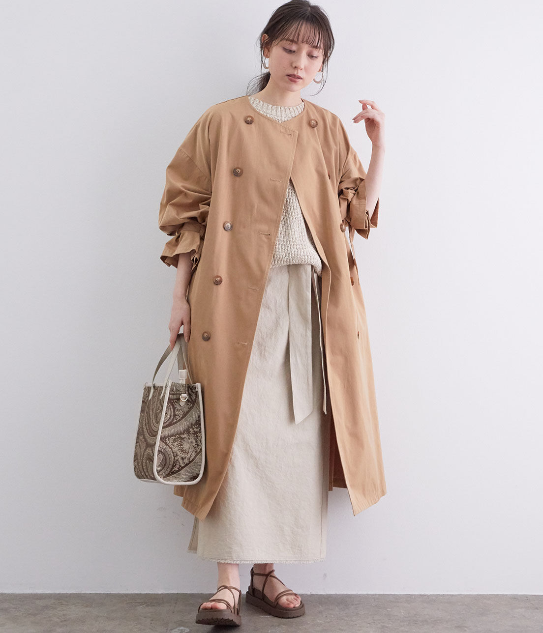 VIS「【撥水】【花粉ガード】ノーカラー袖ボリュームコート」|トレンチコート|