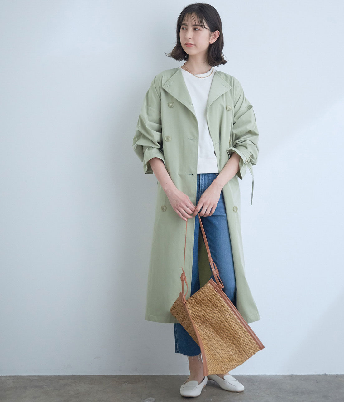 VIS「【撥水】【花粉ガード】ノーカラー袖ボリュームコート」|トレンチコート|