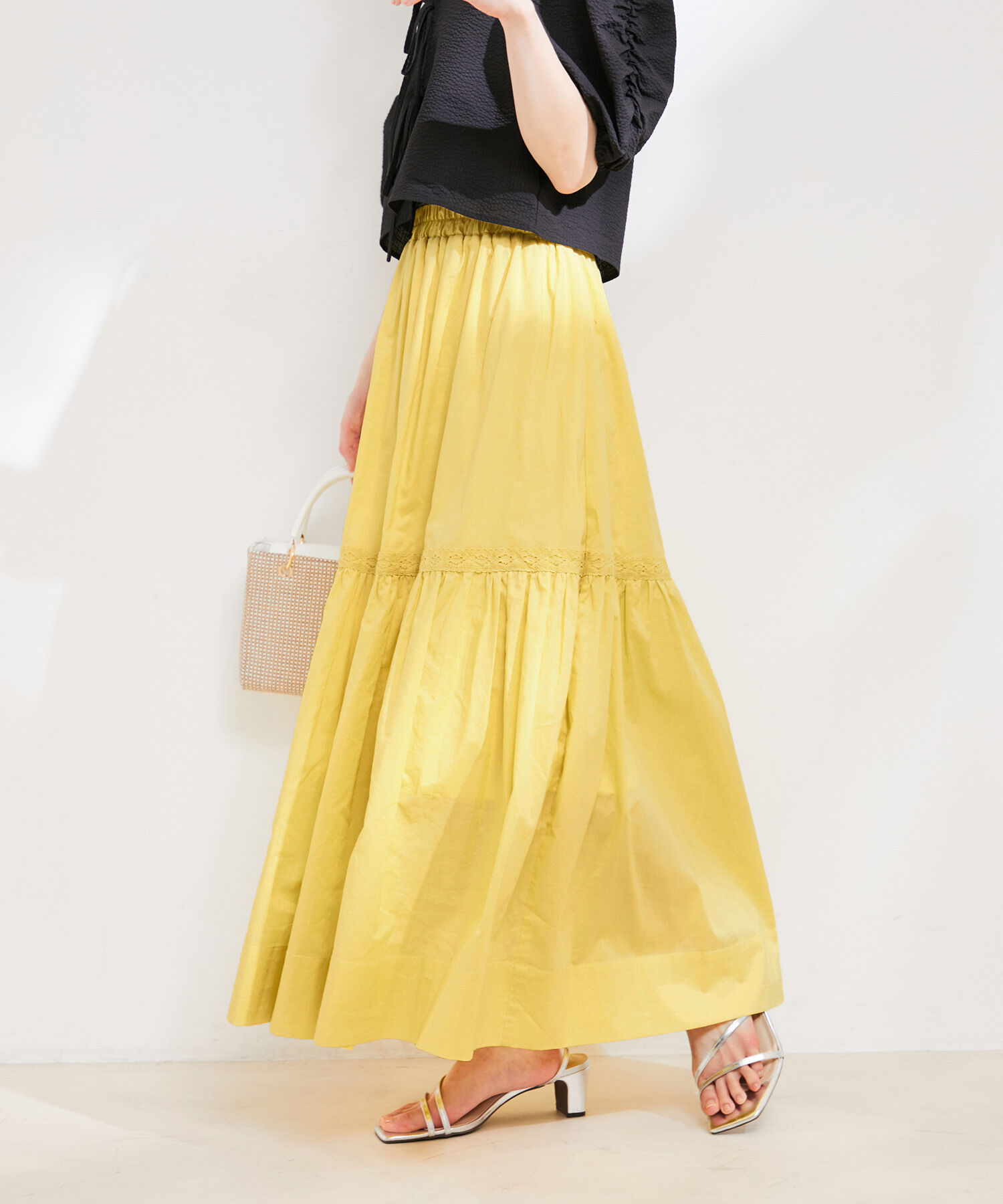 VIS「【洗える】コットンレース切替ギャザースカート」|スカート|