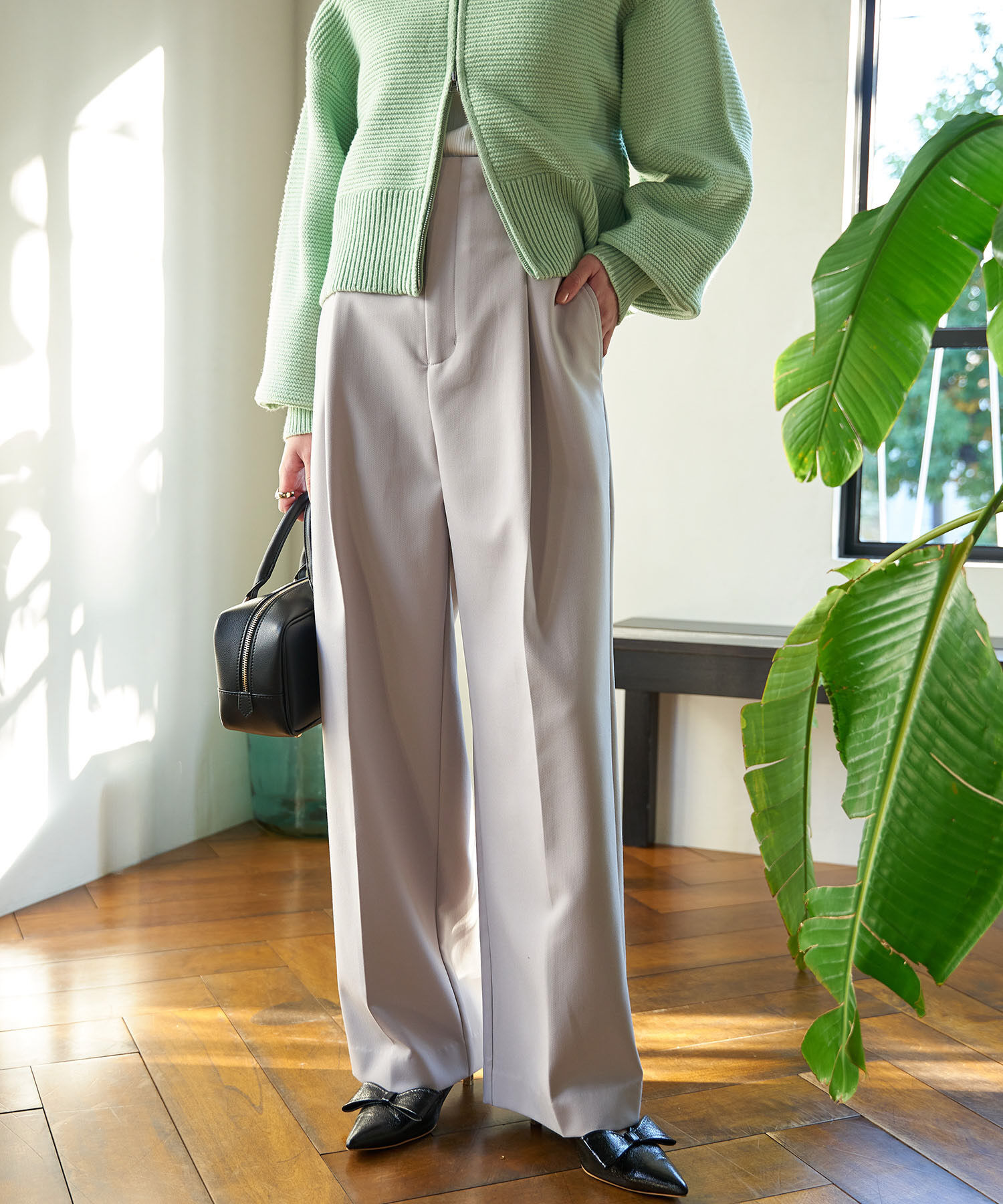 VIS「【洗える・防シワ】美easy裏起毛ワイドパンツ」|スラックス|ライトグレー(08)