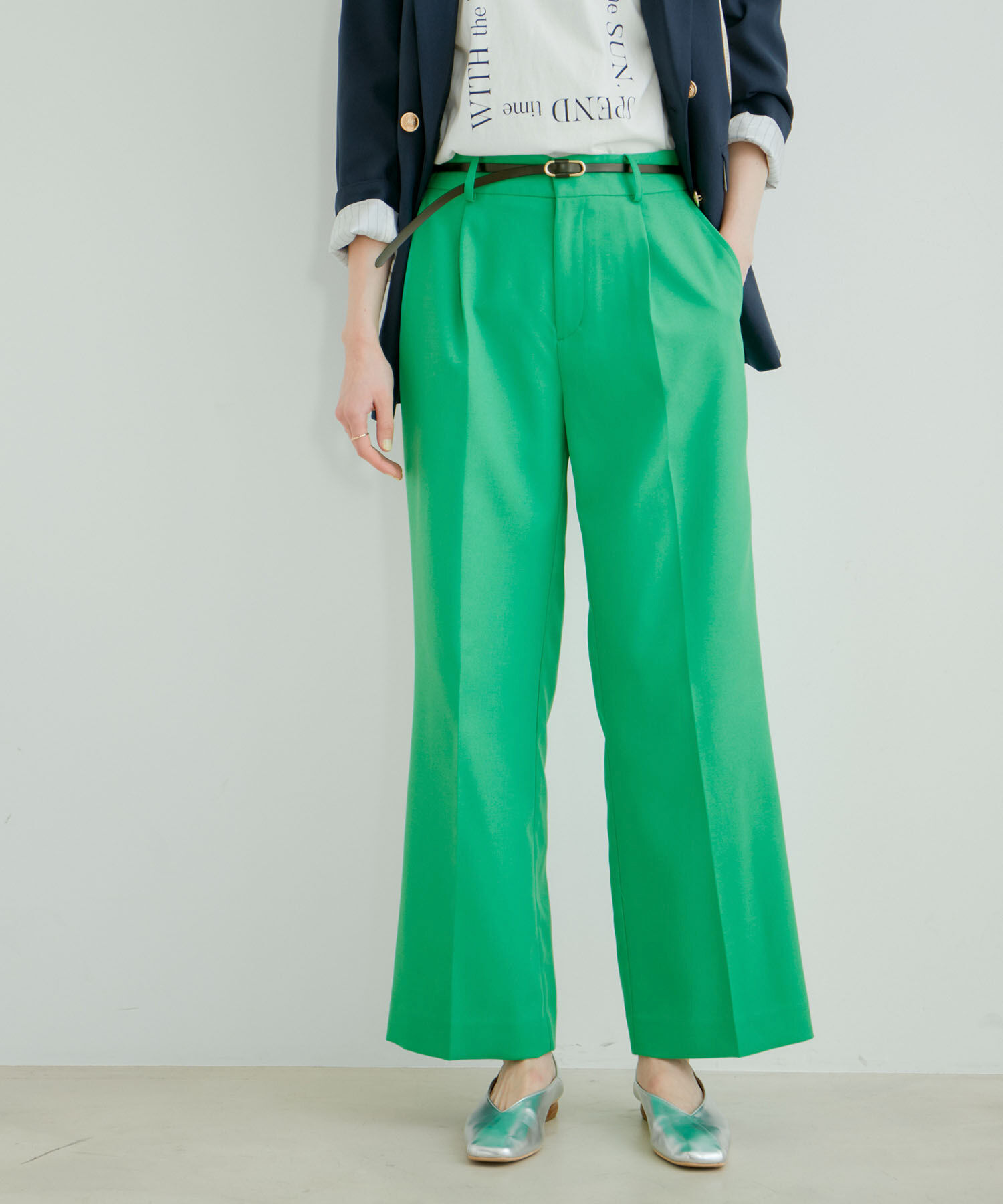 VIS「美HITワンタックストレートパンツ【洗える】」|スラックス|グリーン(30)