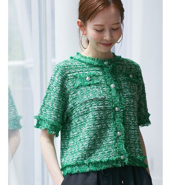 Rope&rsquo;Picnic「【サマー・ツイード】ハーフスリーブカーディガン」|カーディガン|グリーン(30)