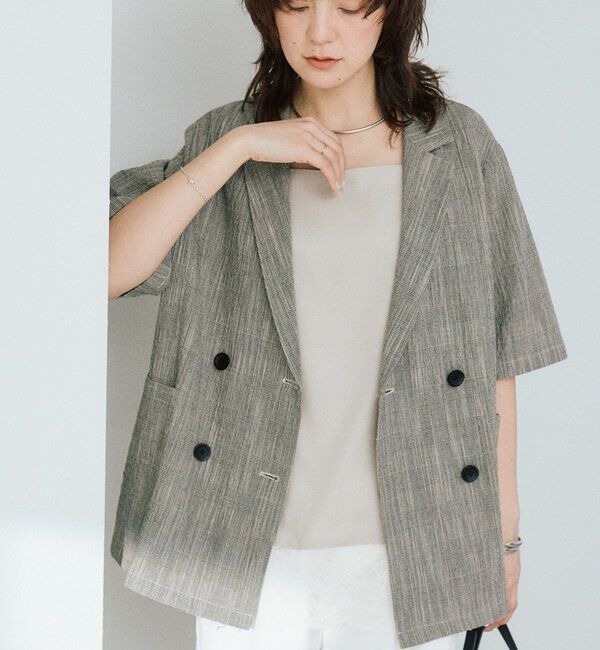  「予約【こなれた印象に】バンピーチェックハーフスリーブジャケット」|テーラードジャケット|ブラック