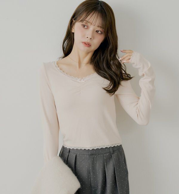  「前後2wayレースギャザーロンT」|Tシャツ・カットソー|