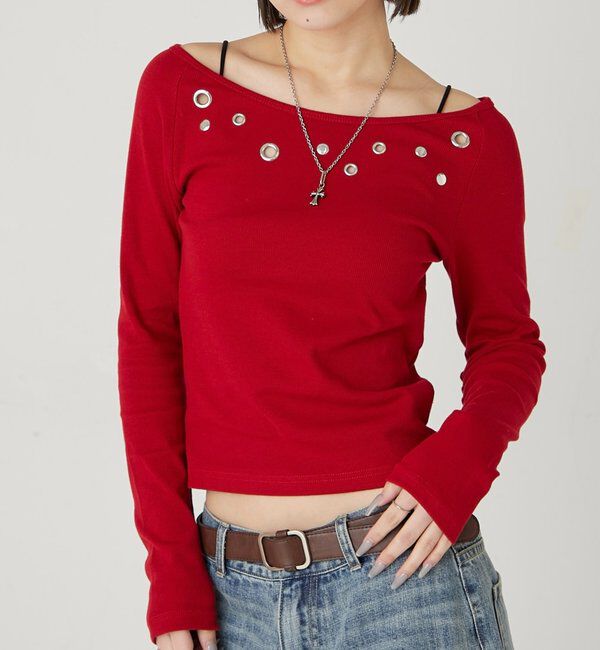  「アイレットオフショルトップス」|Tシャツ・カットソー|レッド