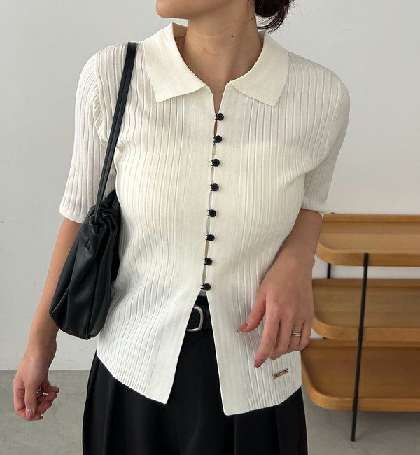 「【全骨格◎】ハーフスリーブポロニット」|カーディガン|オフホワイト
