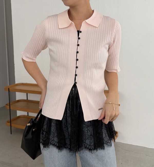  「【全骨格◎】ハーフスリーブポロニット」|カーディガン|ピンク