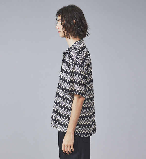 ABAHOUSE「【Revo.】透かし編みニットオープンカラーヘリンボーン半端袖シャツ」|シャツ・ブラウス|