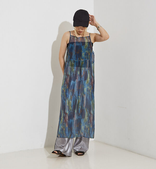 NOMINE「【前後着用可】水彩アート ニュアンス柄 2WAY シアー キャミワンピース ロン」|ワンピース|