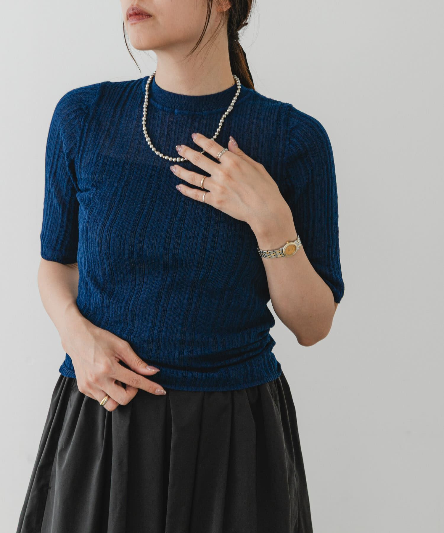 URBAN RESEARCH ROSSO「F by ROSSO　シアーリブ5分袖ニット」|ニット・セーター|ブルー