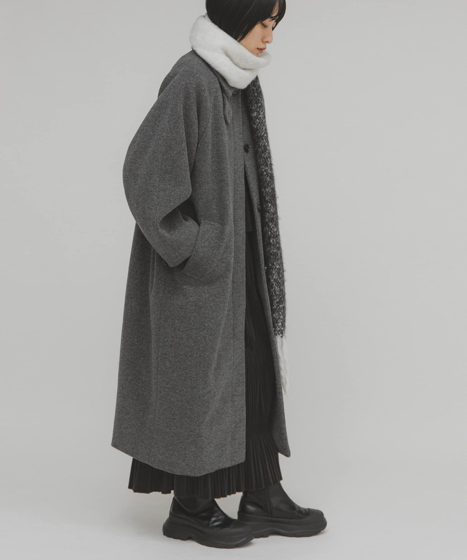  「ステンカラーコクーンロングコート」|ステンカラーコート|チャコールグレー